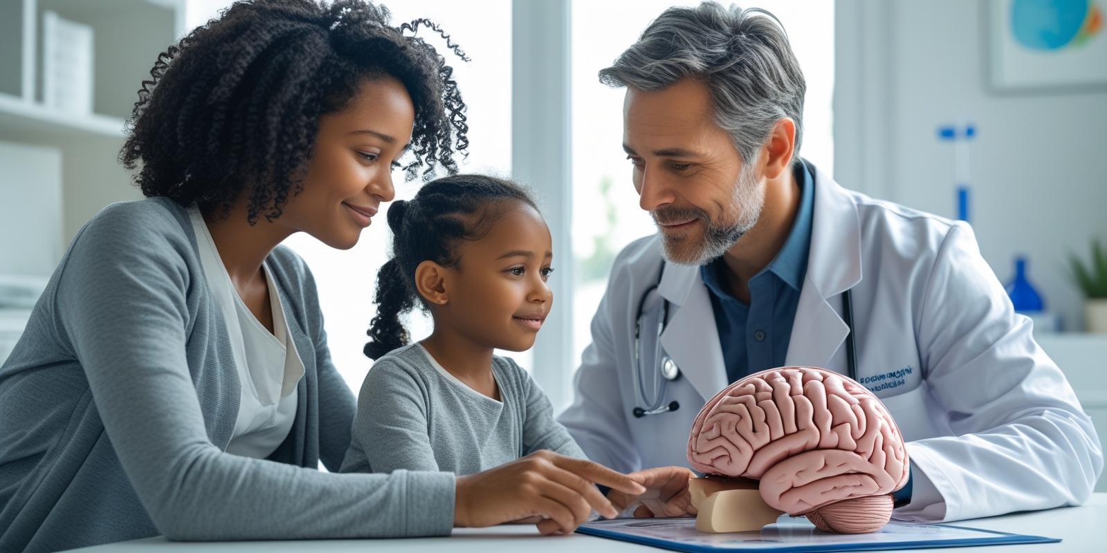 A child and parent sitting with a neurologist in a consultation room. The doctor is gently explaining brain scan results using a visual brain model or monitor. Calm, caring, clinical setting with a hopeful tone